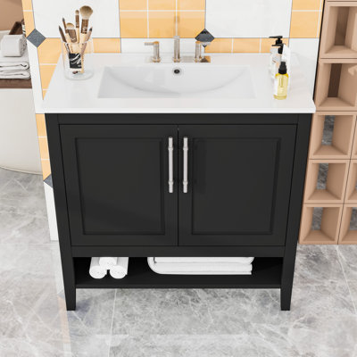 Meuble-lavabo avec lavabo en céramique, 2 tiroirs et tablette inférieure