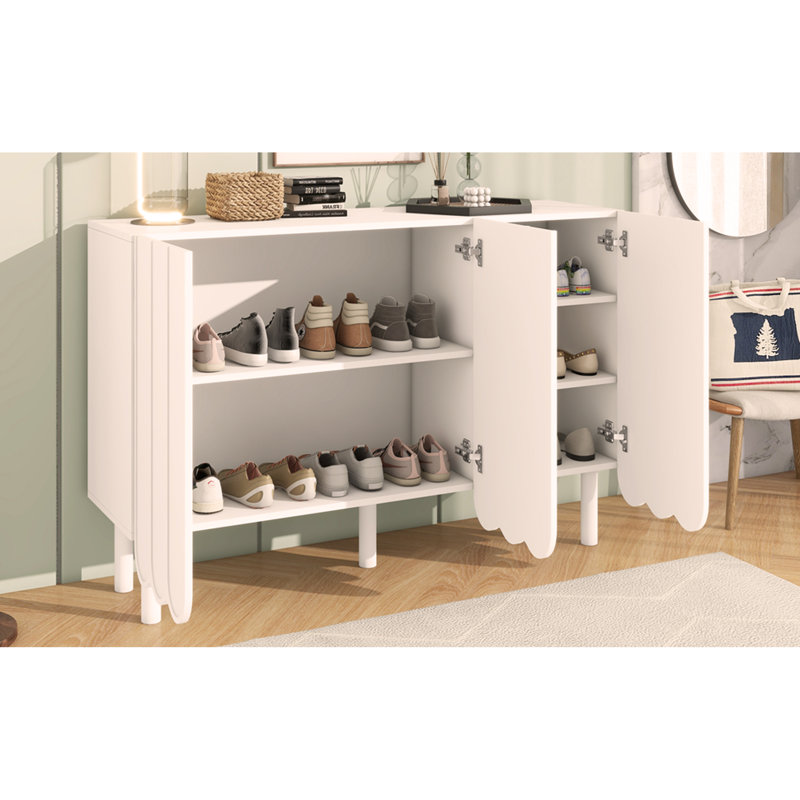 Armoire à chaussures avec 5 pieds en bois massif, buffet armoire avec tablettes réglables, grande armoire de rangement avec portes ondulées pour le salon