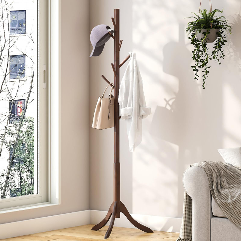 Bamboo Wood Coat Rack Stand, Freestanding Coat Tree With 8 Hooks, Hallway Entryway Hat Hanger Organizer Standing For Bedroom, Office, Clothes, Jackets, Bags, Umbrallas