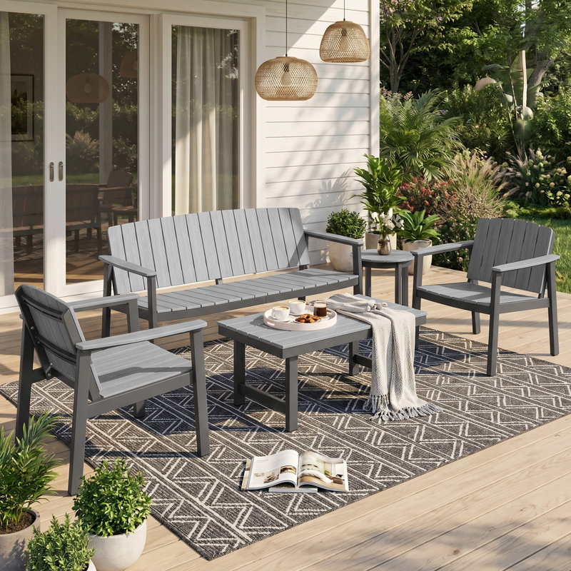 Aluminum Patio Furniture Set, Outdoor FurnitureSet 5 Pieces Aluminum Frame HDPS Faux Wood, AllWeather Conversation Set for Backyard, Garden,Poolside