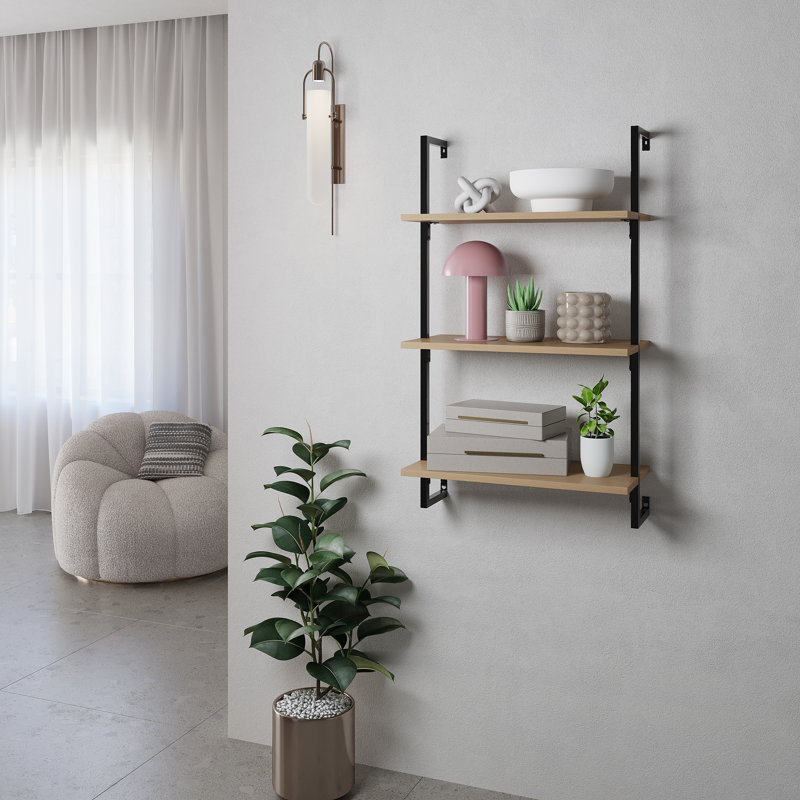 Honoria Classic Industrial 3-Shelf Wood Wall-Mounted Open Ladder Bookcase with Metal Frame, Light Oak/Black