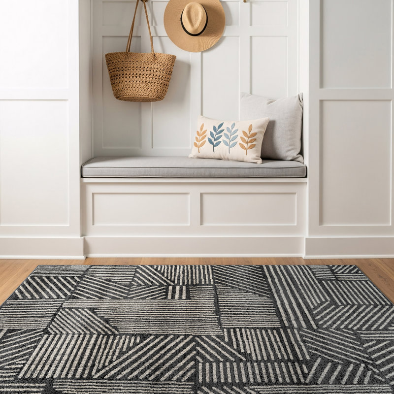 Rambo Geometric Black/Ivory Area Rug, Rectangle 3' x 5', Gray