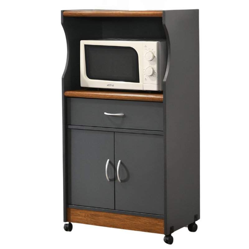 Rolling Kitchen Cart with  Microwave Shelf, Utensil Drawer, Interior Cabinet Storage Space and Locking Wheels, Gray
