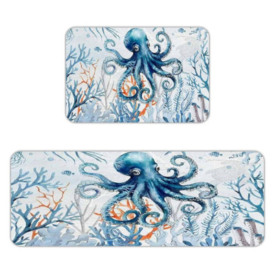 Coastal Octopus Coral Floor Mats, 2-Piece Anti-Slip Flannel Rugs for Kitchen & Bathroom