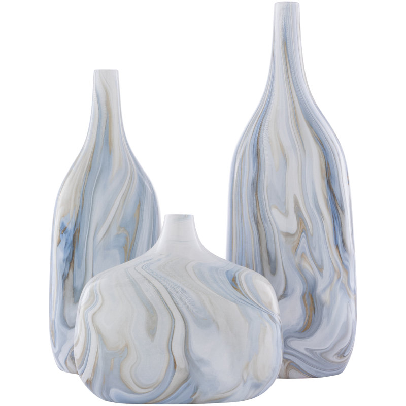Ayriauna Abstract Ceramic Table Vase (Set of 3), Beige/White/Blue