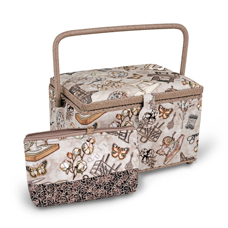 Grand panier à couture Dritz avec étui à fermeture à glissière, couture rétro neutre