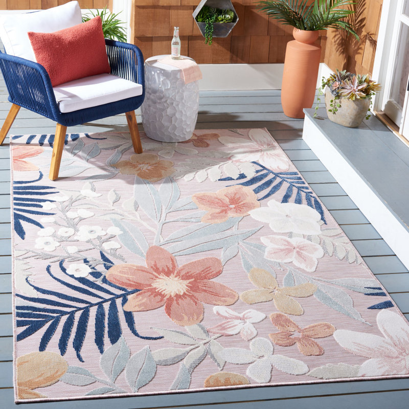Tapis intérieur / extérieur à motif floral rose / gris Abdalah, Rectangle 6 pi 5 po x 9 pi 6 po