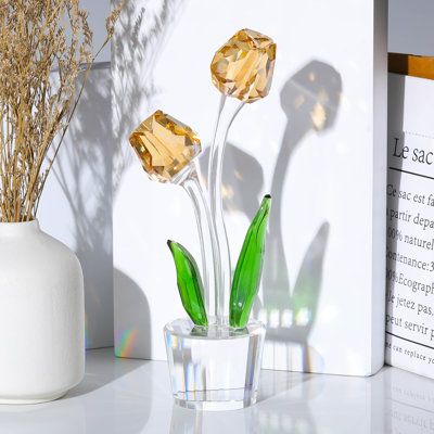 Decorative Crystal Tulip Flower Figurine with Faceted Blooms, Green Leaves and Clear Base