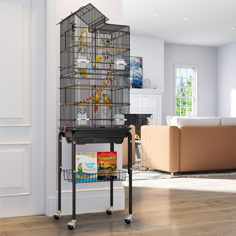 Large Black Metal Bird Cage with Rolling Stand and Toys