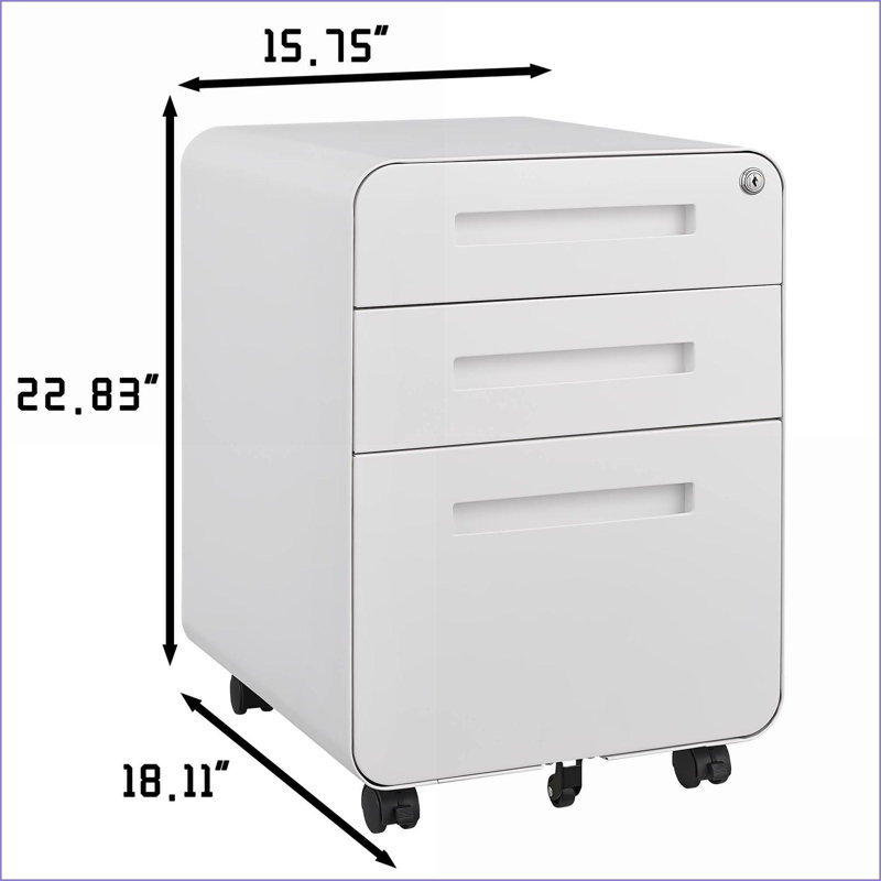 File Cabinet, 3 Drawer Mobile Under Desk Storage with Lock for Office | Snow White Metal, White