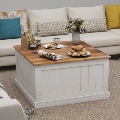 Table basse 31,5 "Farmhouse, table centrale carrée en bois avec plateau relevable articulé