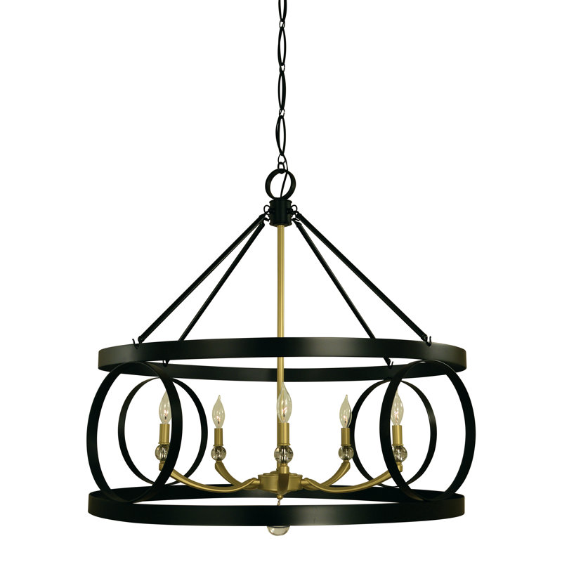 Lustre en roue de chariot à 5 lumières de style bougie, Laiton satiné