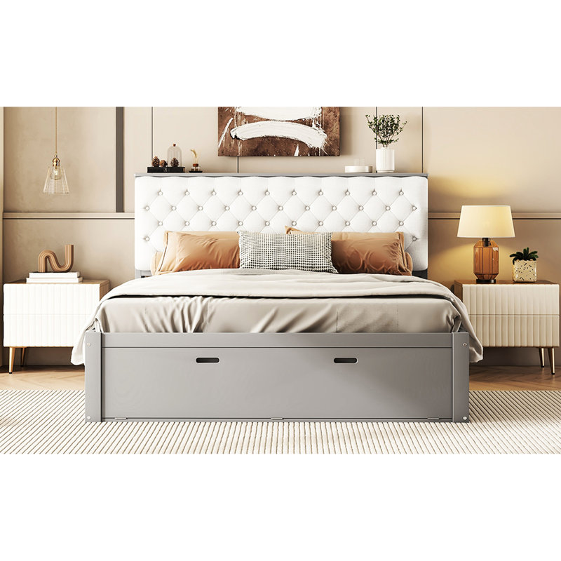Wood Platform Queen Bed With Storage Headboard, 4 Drawers, Shoe Rack, Gray Tone Size Headboard Storage, Drawers & Rack Touch