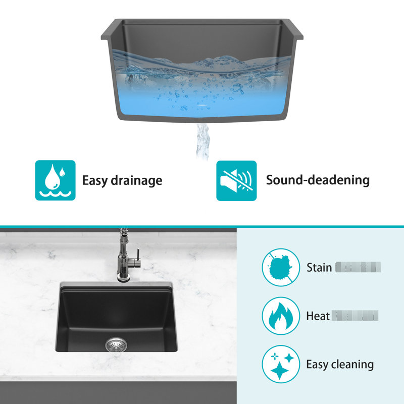 Black 21X18" Workstation Kitchen Sink Undermount, Fine - Grade Quartz Composite, Thick Strong And Quiet With Vibration Elimination, Non Scratch Hard Surface, Rounded Corners For Easy Wipe Down,