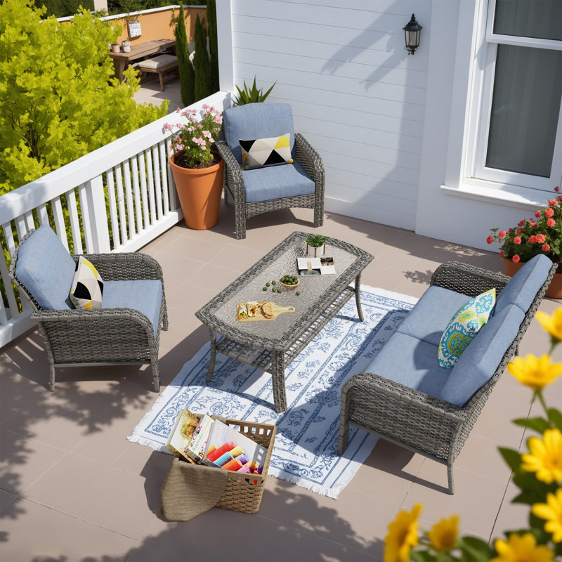 4 - Piece Outdoor Patio Furniture Set with Cushions - Wicker Sofa Chair and Glass - Top Coffee Table for Porch, Backyard, Balcony