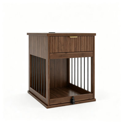 Table de bout en bois pour caisse de chien avec station de charge et porte en verre trempé dissimulée, table d'appoint multifonctionnelle avec tiroir de rangement pour petite maison pour chien