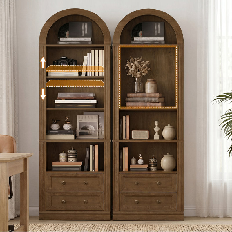 Bibliothèque étroite 67,7 "de haut avec 2 tiroirs, bibliothèque à 5 niveaux avec tablettes ouvertes, Noyer
