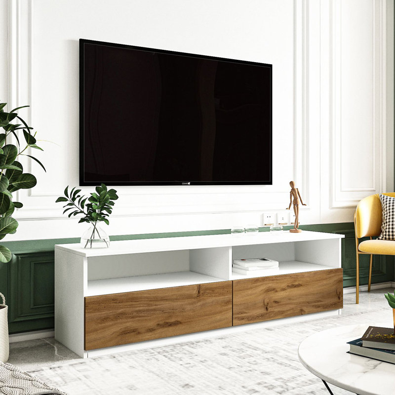 Modern TV Stand, White & Natural, 56.7 x 19.6 x 17.7 inches | 100% Melamine Coated Particle Board, Thickness: 0.7 inches | Stylish & Functional Design for Living Room, Entertainment Center, & Media Storage