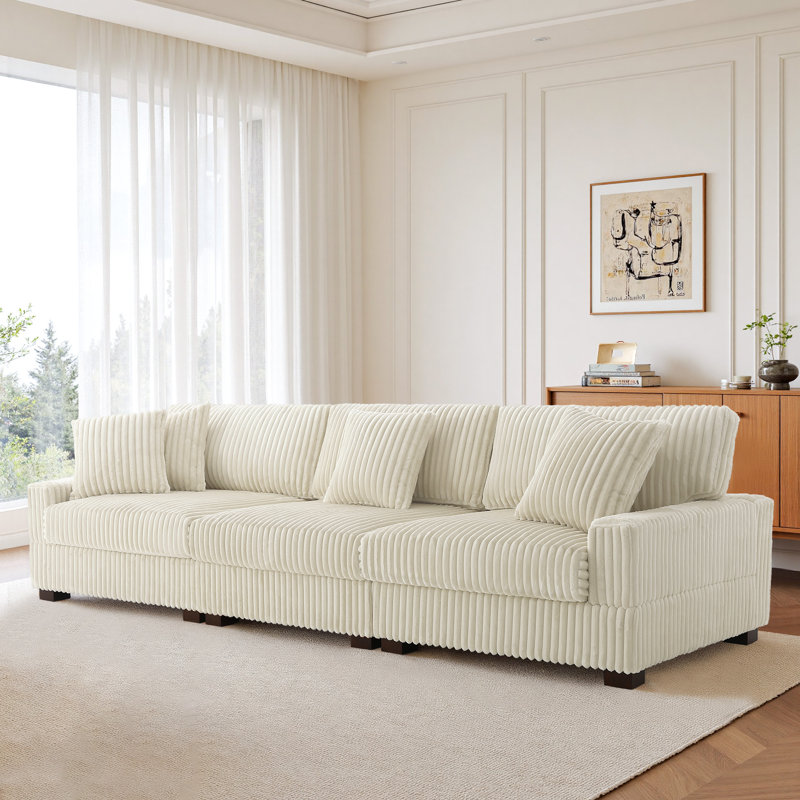 3 - Piece Upholstered White Faux Rabbit Fur Flannel Modular Sectional Sofa with Armrests & Throw Pillows, White