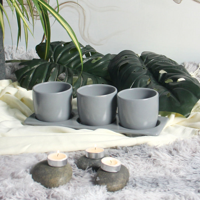 Ensemble de pot de fleurs d'intérieur en céramique fait à la main avec plateau, gris