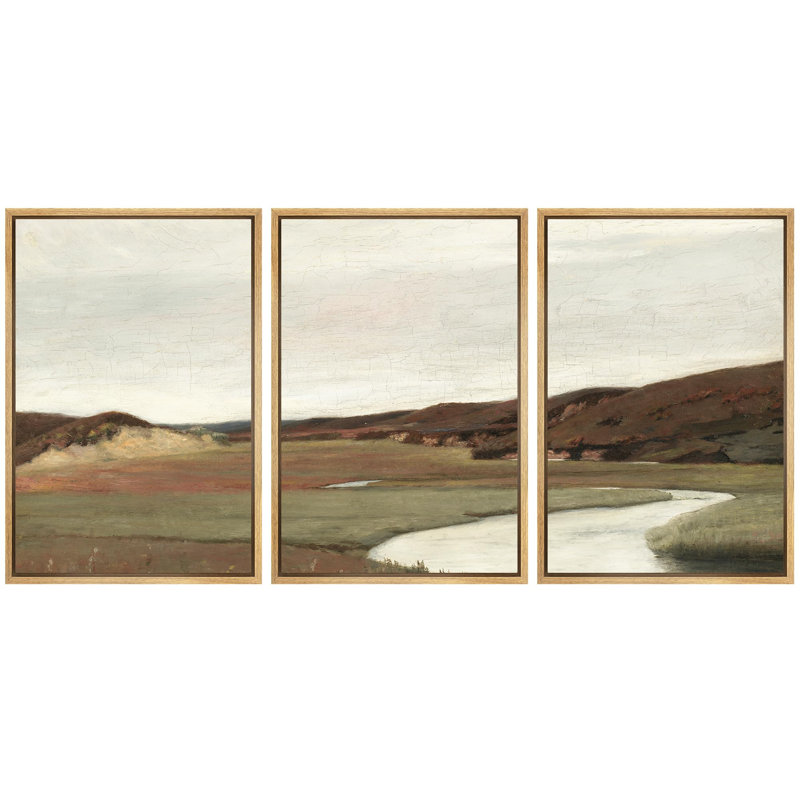 Rural Landscape " Subtle Earth Tones, Countryside Scenery Nature Wilderness Illustration Decor Panoramic Earth " 3 - Pieces