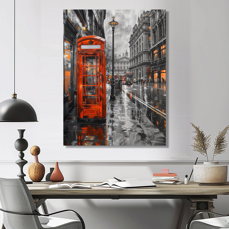 Cabine téléphonique noire et blanche à Londres V - City London Wall Ar Wall Decor, Toile tendue, H 32 po x l 16 po x P 1 po