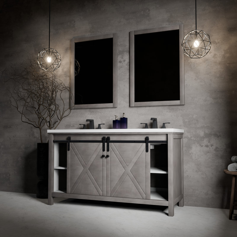 Ensemble de meuble-lavabo double l 60 po x P 22 po avec robinet Marsyas, Gris cendre, Marbre de culture blanc