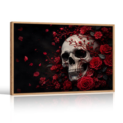 Crâne entouré de roses rouges sur fond sombre, art d'Halloween sur toile