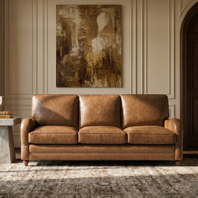 Ignacia 82.5"W Traditional Down-Filled Genuine Leather Sofa Couch with Scrolling Arms