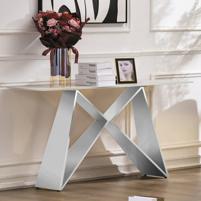 55 Inch White Tempered Glass Console Table With Mirrored Silver M-Shaped Base