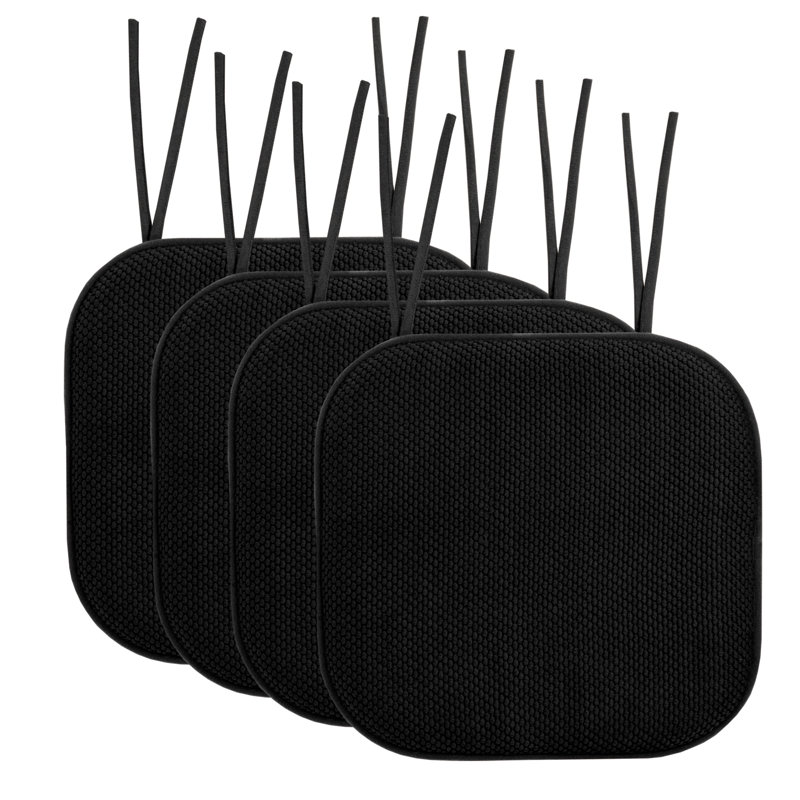 Honeycomb Memory Foam Non-Slip 16" x 16" Chair Cushion Pad with Ties, Black, 4