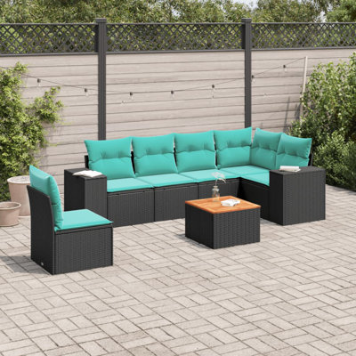  7 Piece Patio Sofa Set With Cushions Black Poly Rattan