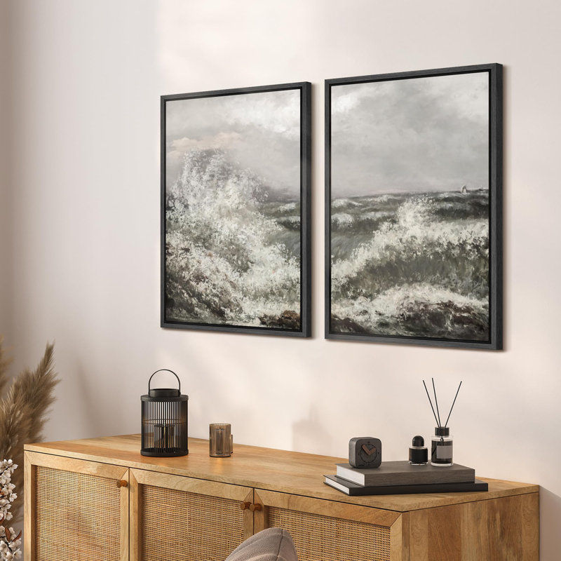 Cresting Waves Dynamic Seascapes in Monocha Nature Wilderness Illustration Rustic Decor, Noir, H 36 po x l 24 po