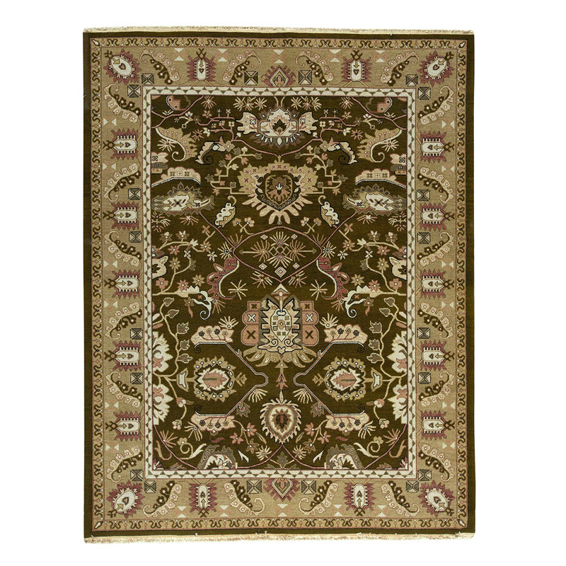 Tapis brun foncé / ivoire / rouge de haute qualité noué à la main