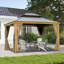 Auvent d'extérieur en métal 10 pi x 14 pi avec toit double en acier galvanisé, structure en aluminium grain de bois, rideaux et filet pour patio, terrasse, jardin