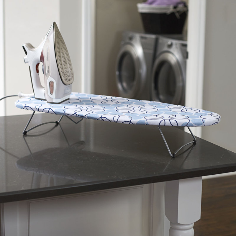 Compact Steel Tabletop Ironing Board with Blue Pattern Cover