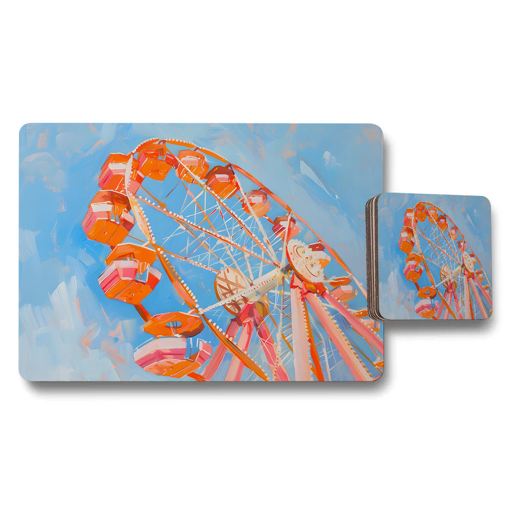 Ferris Wheel Placemats And Coaster Set With Colorful Carnival Print