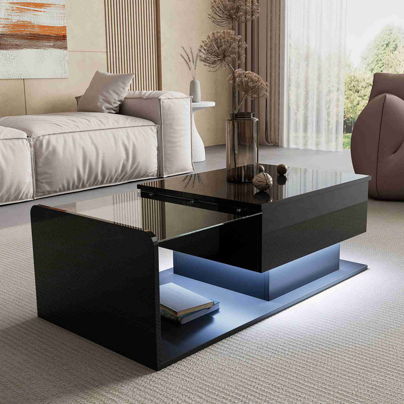 Table basse, noir brillant, table d'appoint, table basse avec verre et effet DEL, avec plateau en verre.