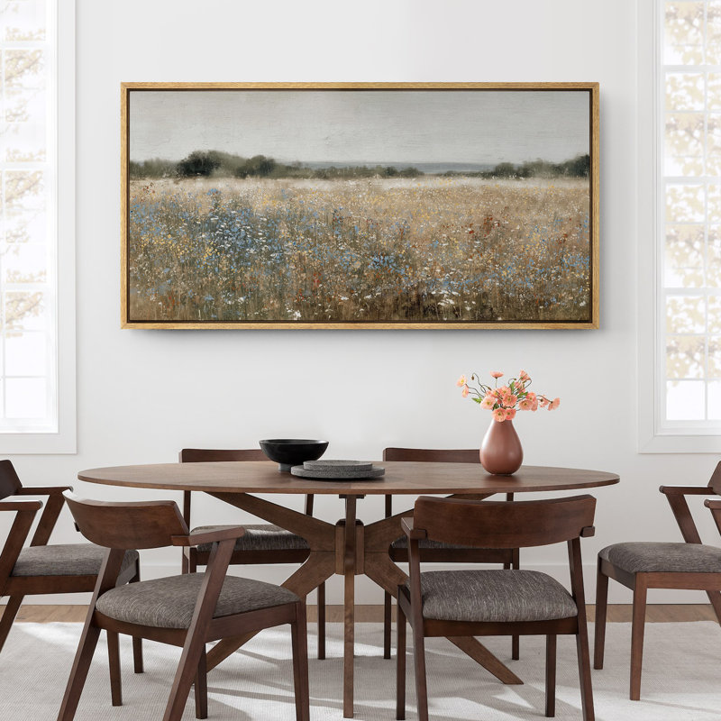 Grande impression sur toile encadrée - impression de paysage de champ de fleurs sauvages rétro pour décor de maison de campagne moderne