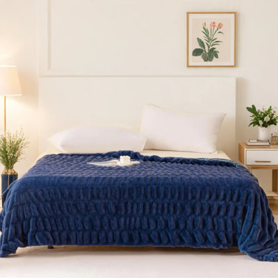 Ruched Faux Fur Throw Blanket with Reversible Design and Silky Soft Texture