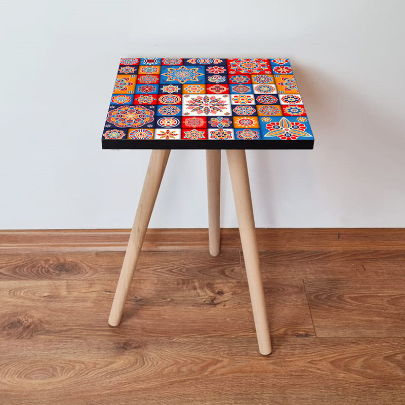 Elegant Side Table with Beech Wood Legs, 13.8 x 16.5 x 13.8 inches | 100% MDF Construction, Thickness: 0.7 inches | Ethnic Geometric Design Perfect for Living Room, Bedroom & Modern Décor