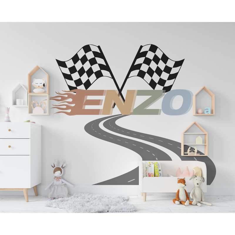 Road Racing Flag Wall Decal Highway Vinyl Sticker Personalized Name Wall Decor Kids Playroom Boys Room Wall Art Bedroom Mural Sticker 375RS