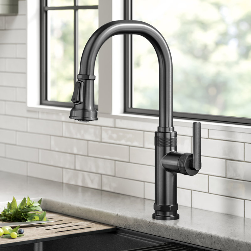 KRAUS Allyn Industrial Pull-Down Single Handle Kitchen Faucet, Spot Free Black Stainless Steel