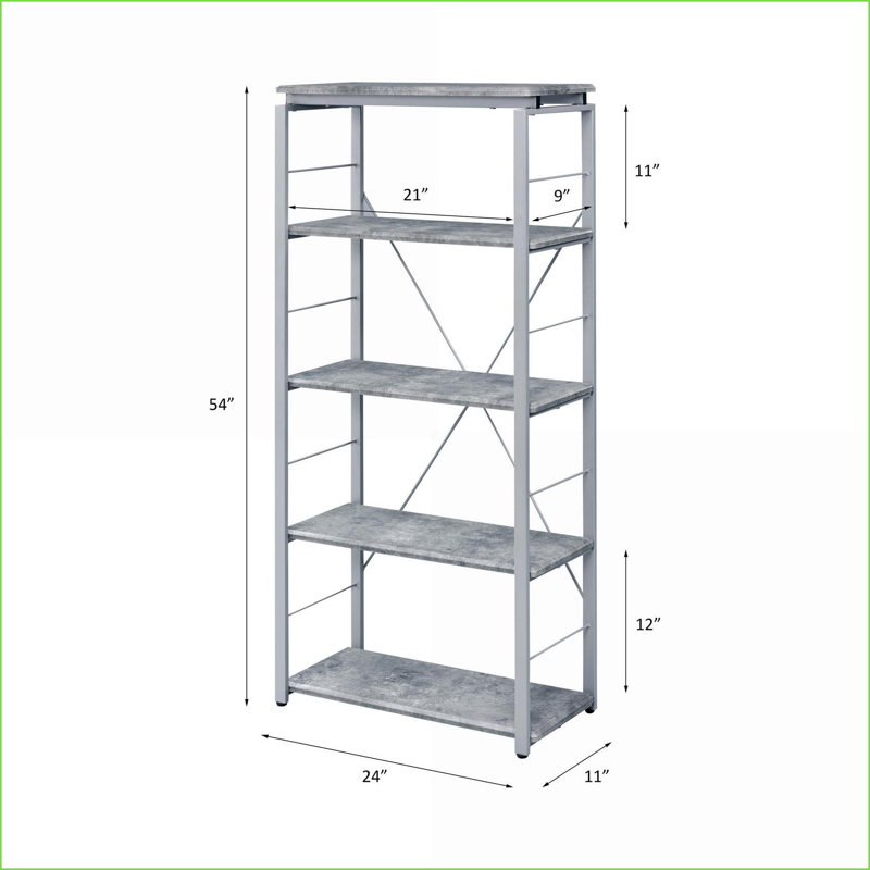 Bibliothèque de style étagère avec 5 tablettes fixes | Faux béton synthétique, métal argenté brossé