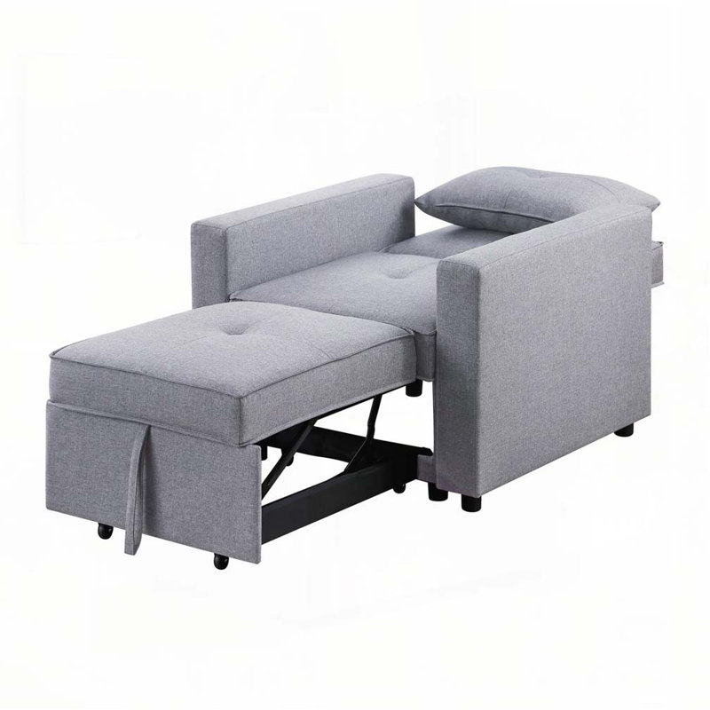 Zoey 33.25" Light Gray Linen Convertible Sleeper Chair with Side Pocket