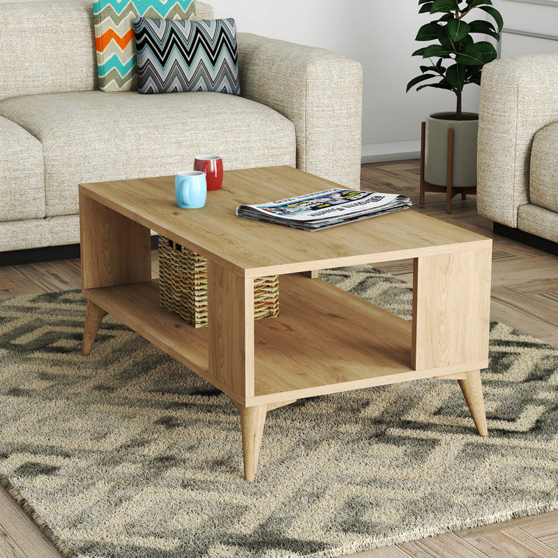 Modern Oak Coffee Table, 2-Tier Design, 35.4 x 21.3 x 21.3 inches | 100% Melamine Coated Particle Board, Thickness: 0.7 inches | Plastic Legs, Wall-Mountable, Scandinavian Style | Elegant & Functional Living Room Furniture