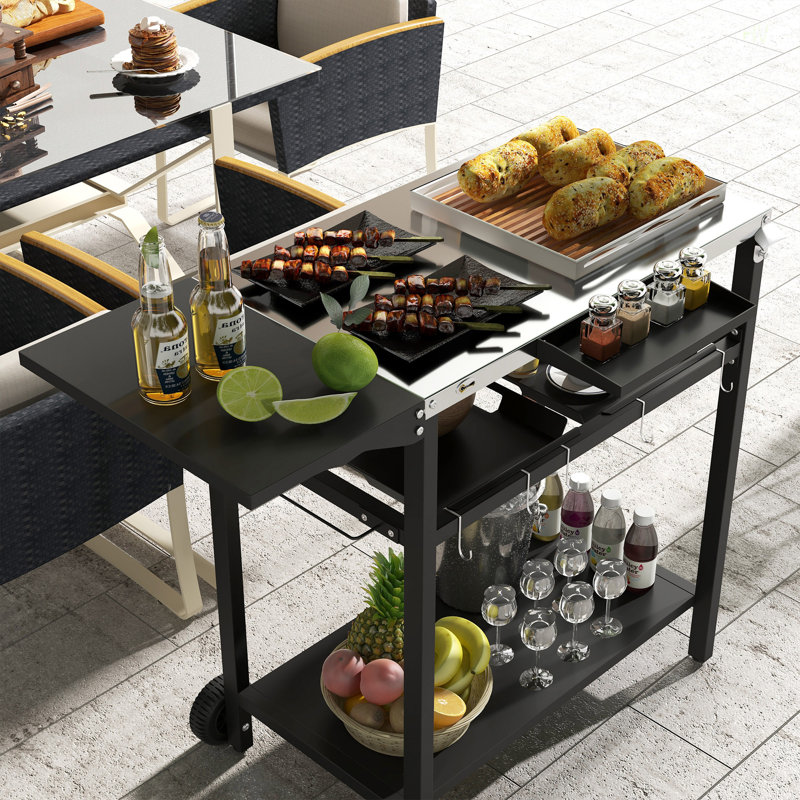 Chariot-bar d'extérieur avec plateau en acier inoxydable, îlot de cuisine sur roulettes
