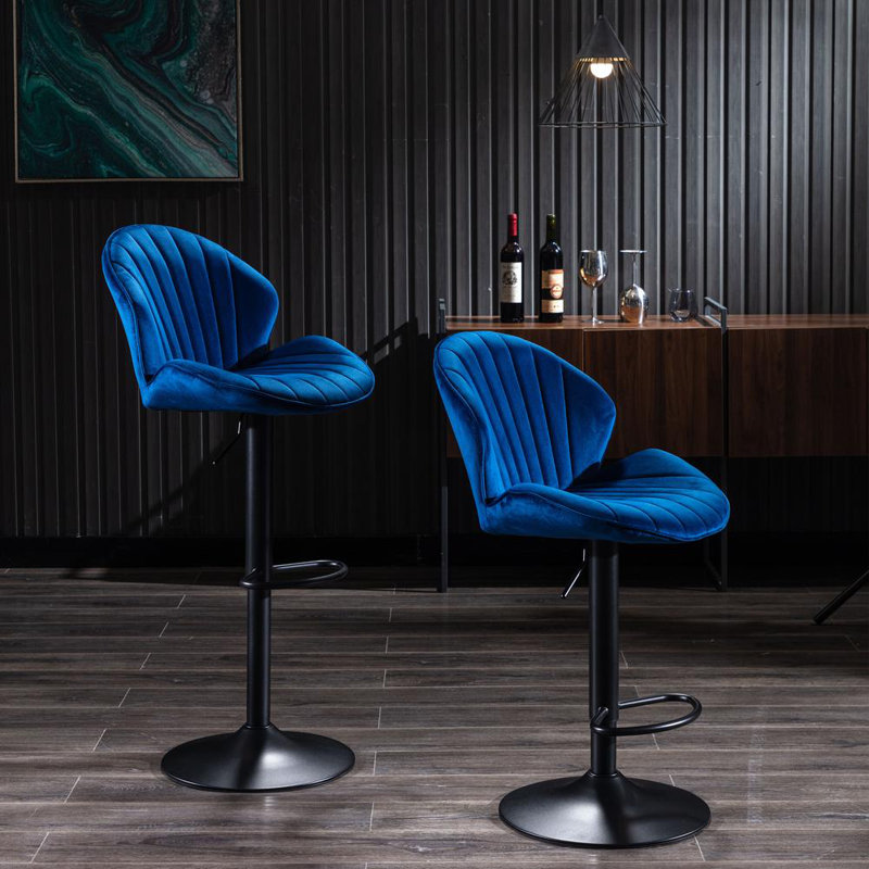 Upholstered Adjustable Bar Stools With Backrest Footrest And Swivel Mechanism Set Of 2, Blue