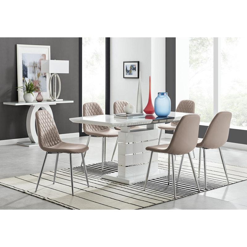 Everson High Gloss 6 Seat Extendable Dining Set with Luxury Faux Leather Upholstered Dining Chairs, Cappuccino/Silver
