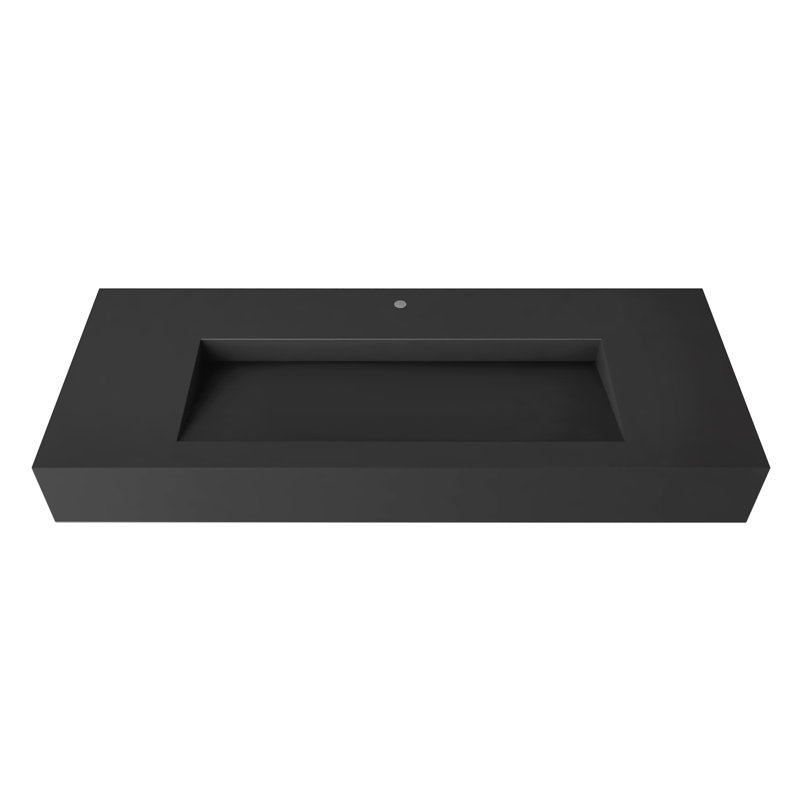 Pyramid 48" Wall Mounted Rectangular Solid Surface Bathroom Sink in Matte Finish, Black, With Faucet Hole, Black, Single Hole